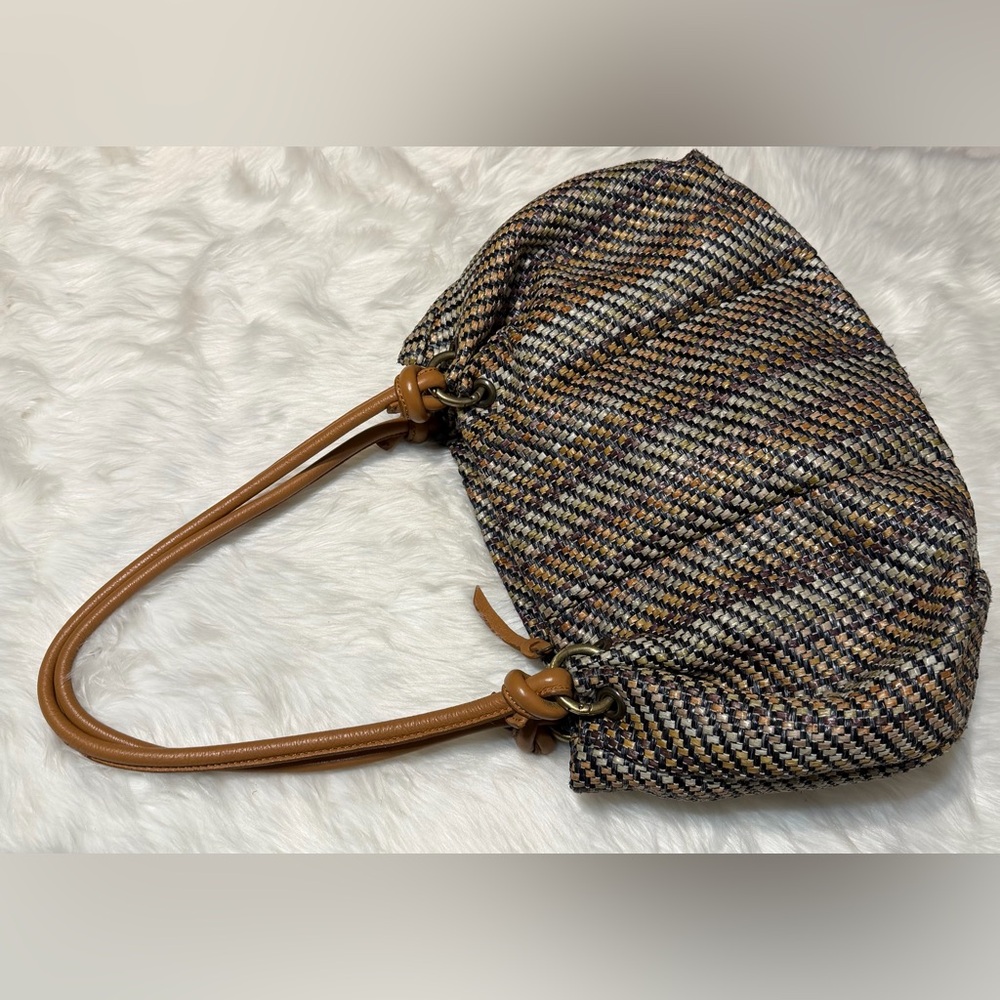 Sundance Made in Italy Tweed Pattern Shoulder Bag in Multi-Tone with Tan Straps